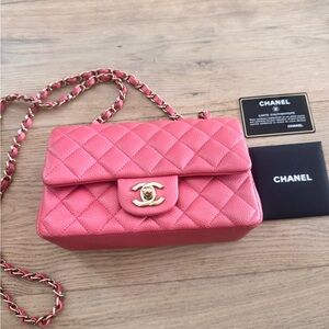 Chanel Coral Pink Caviar Mini Rectangular Flap Gold Hardware